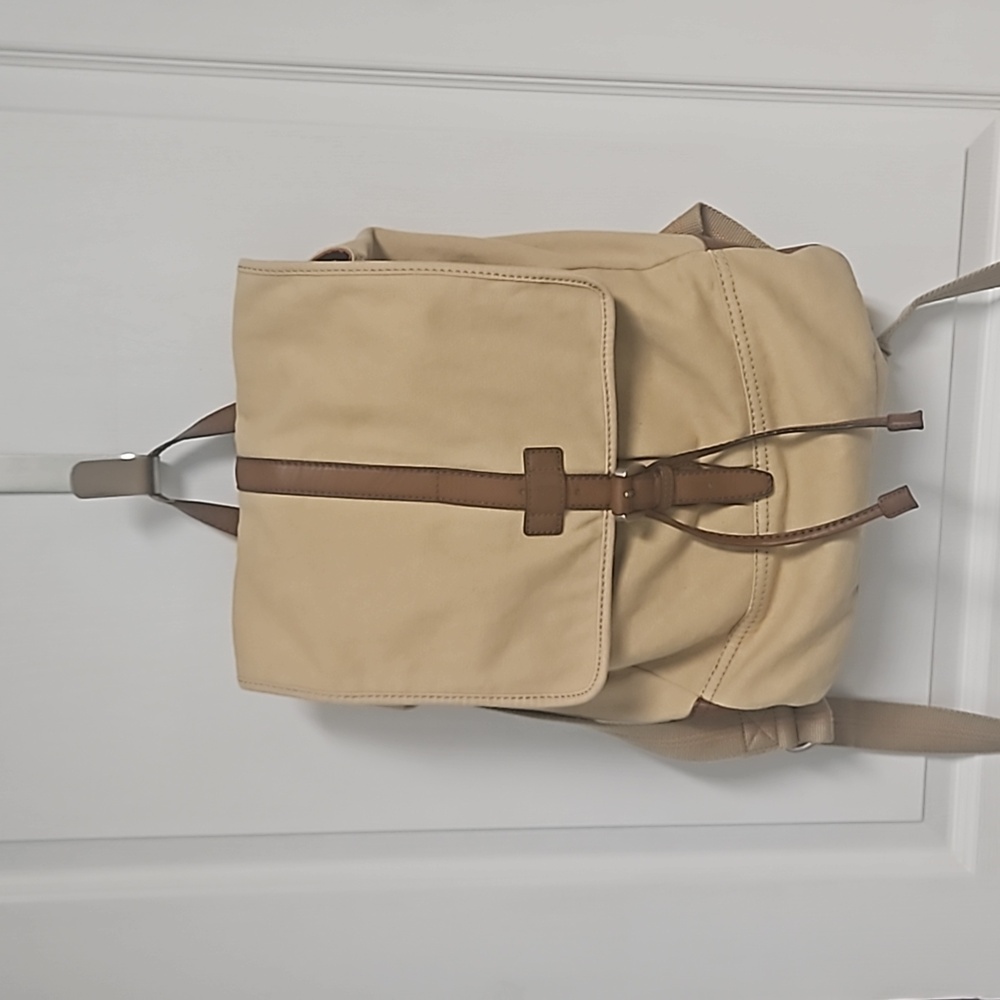 Fossil Tan Canvas And Leather Drawstring Backpack… - image 1